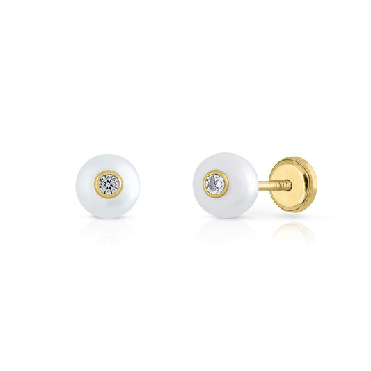 5.5mm Pearl Stud Earrings/Clear Bezel CZ - Children's Earrings, Screw Back - 18k Yellow Gold