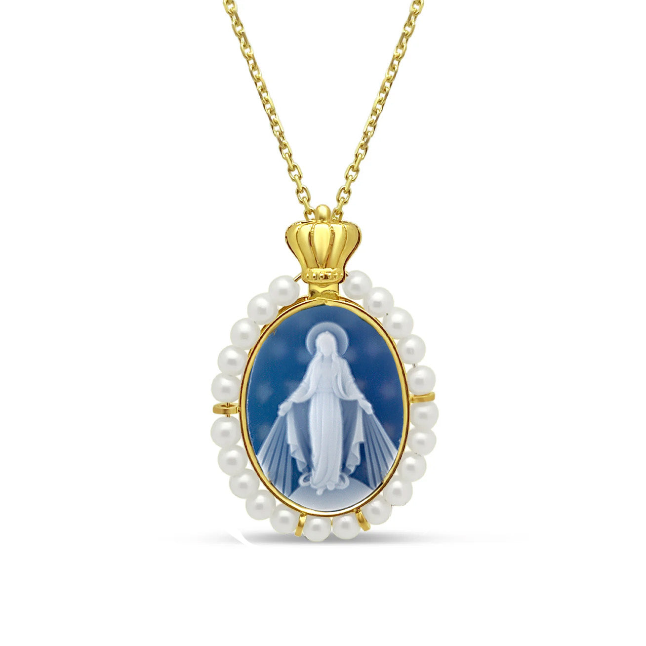 Imperial 18k Gold Miraculous Mary Pearl Medallion Necklaces