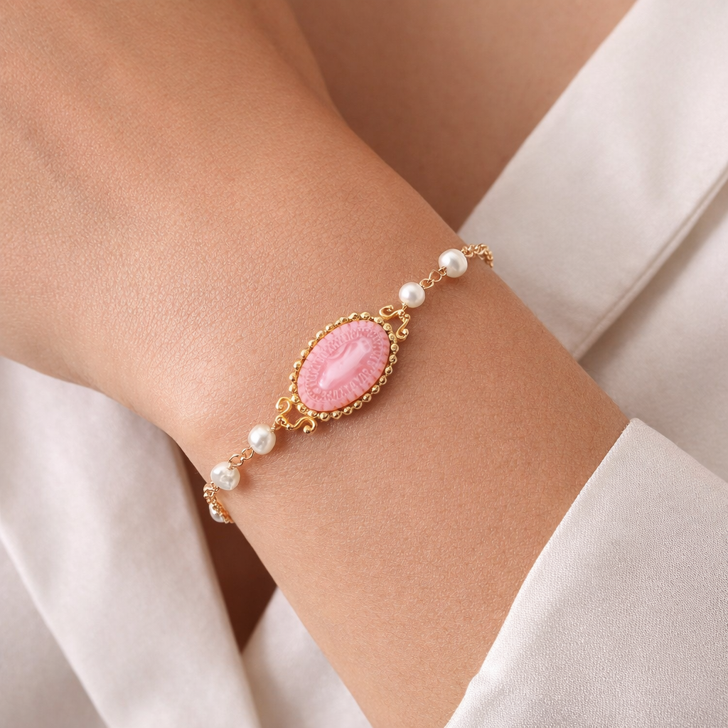 Our Lady of Guadalupe Pearl Rosary Bracelet - Rose Edition