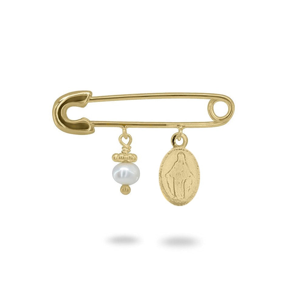 Safety Pin Brooch - Virgin Milagrosa - Dangling Pearl - Gold Plated Silver Pins