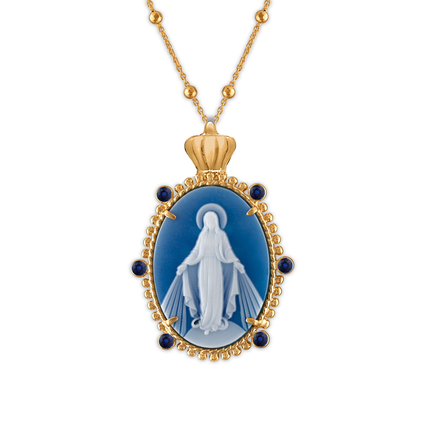 Crowned 18k Gold Emperatriz Miraculous Mary Medallion- Sapphire Edition