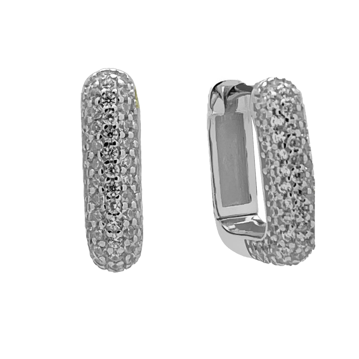 Rhodium Plated Silver Brillaint CZ Square Huggie Hoop Earrings Earrings