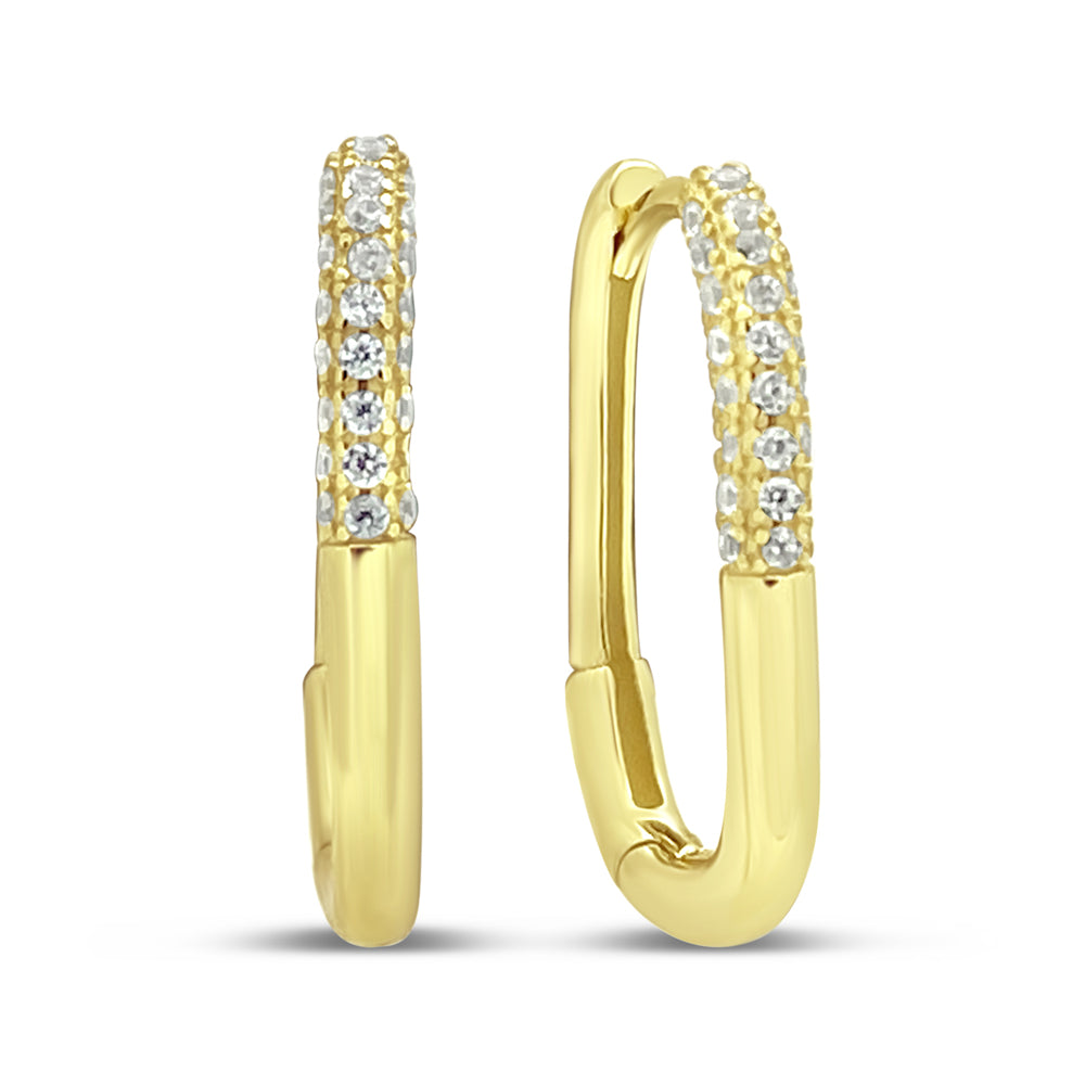 14K Gold Plated Silver CZ Line Oval Hoop Earrings Earrings