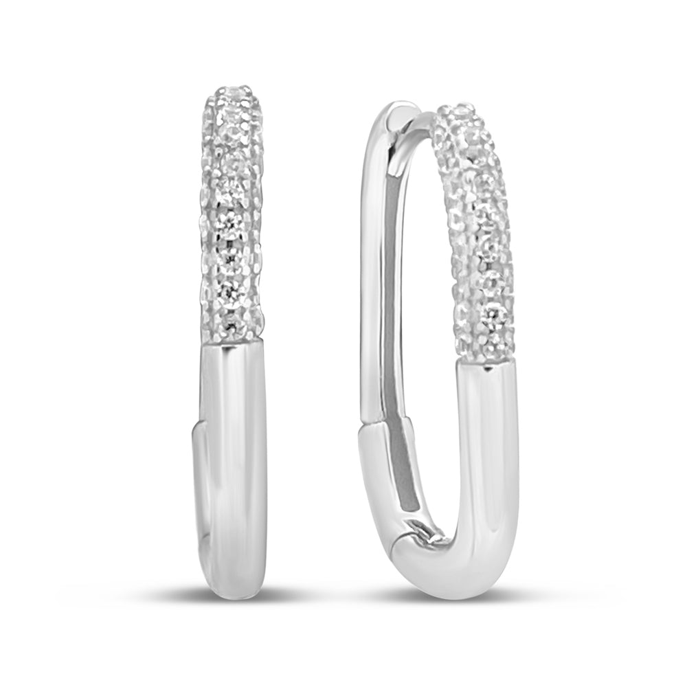 Rhodium Plated Silver CZ Line Oval Hoop Earrings Earrings