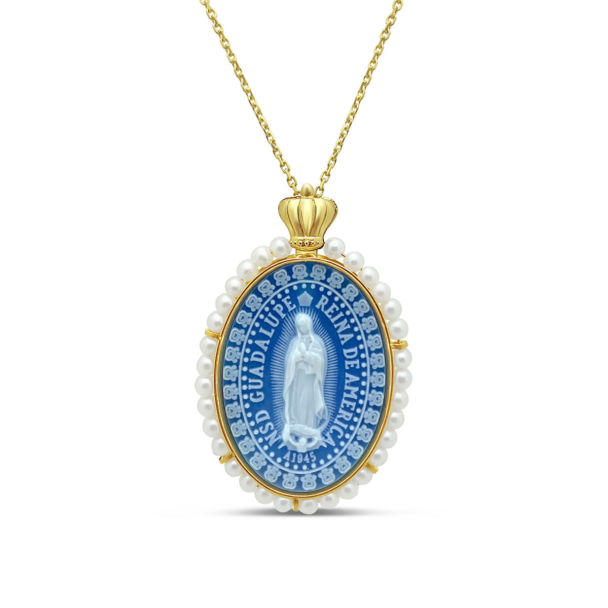 Emperatriz 18k Gold Our Lady of Guadalupe Pearl Medallion
