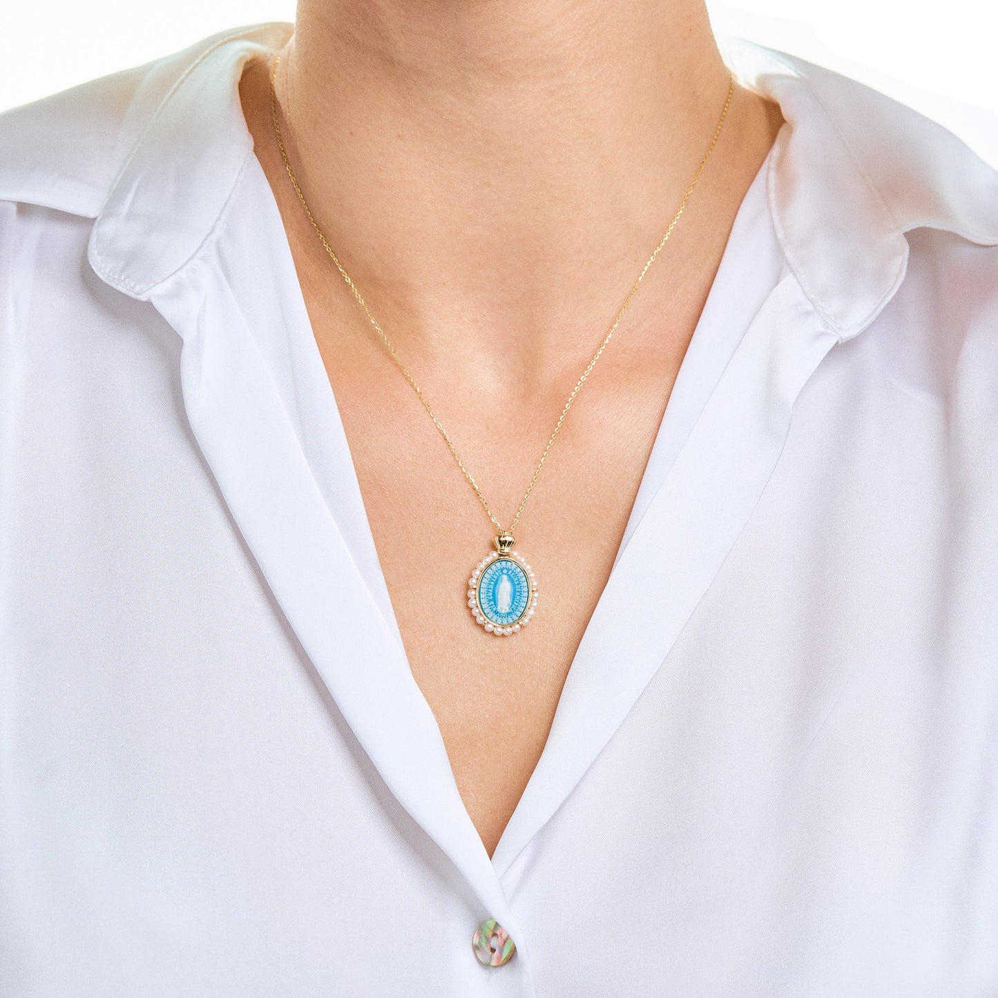 Emperatriz 14k Gold Our Lady of Guadalupe Pearl Medallion