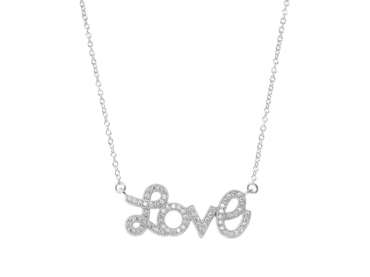 Pave Love Script Necklace in Rhodium Plated Sterling Silver, 16" + 2" Necklaces