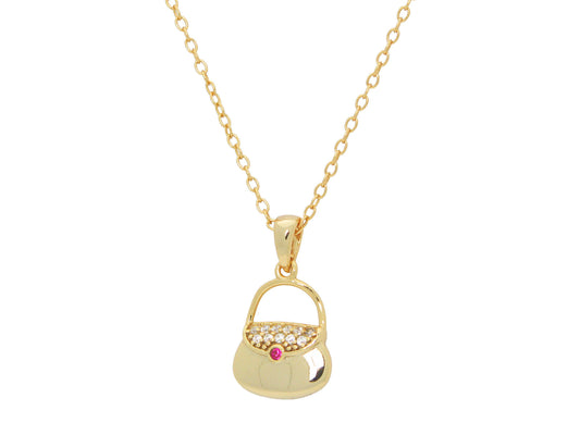 Teen Red Cz Purse Pendant Necklace in Gold Plated Sterling Silver, 16" + 2" Necklaces
