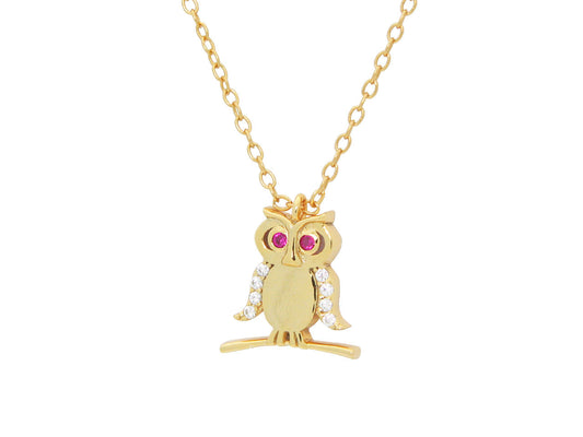 Teen Red Cz Owl Pendant Necklace in 18K Gold Plated Silver 16"+ 2" Necklaces