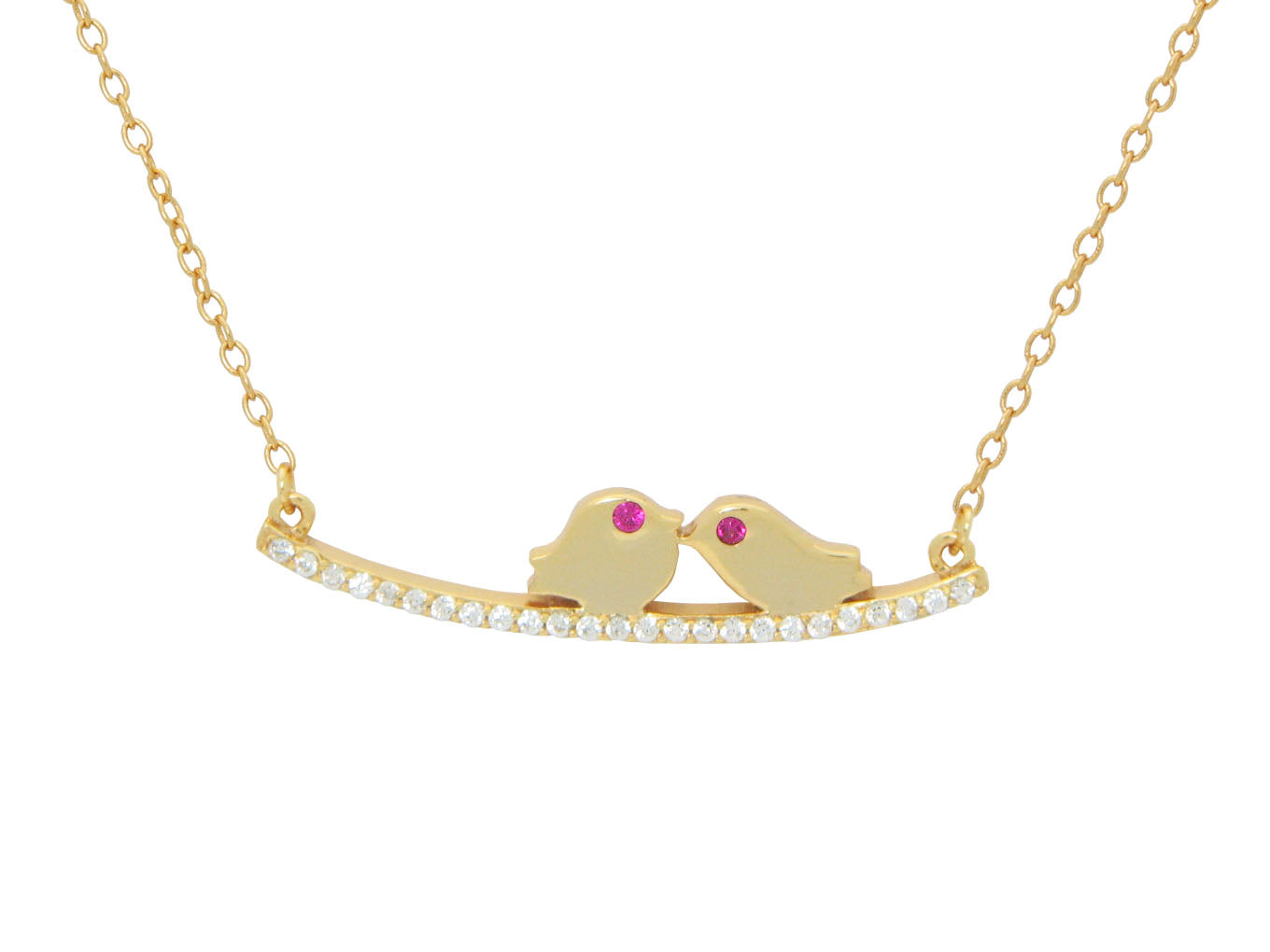 Sparkling Cz Love Birds Necklace in Gold Plated Sterling Silver, 16"+ 2" Necklaces