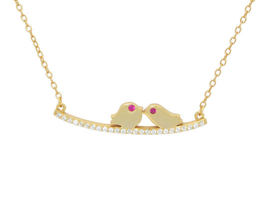 Sparkling Cz Love Birds Necklace in Gold Plated Sterling Silver, 16"+ 2" Necklaces