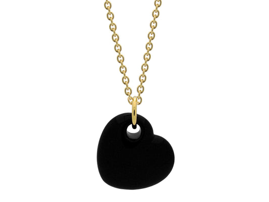 18k Gold Plated Black Enamel Puffy Heart Necklace, 15 Inches Necklaces