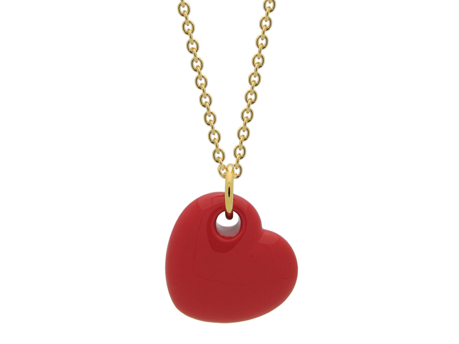 18k Gold Plated Red Enamel Puffy Heart Necklace, 15 Inches Necklaces