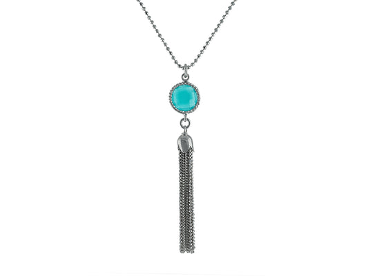 Aqua Crystal Tassel Necklace in Sterling Silver, 30" Beaded Chain Necklaces