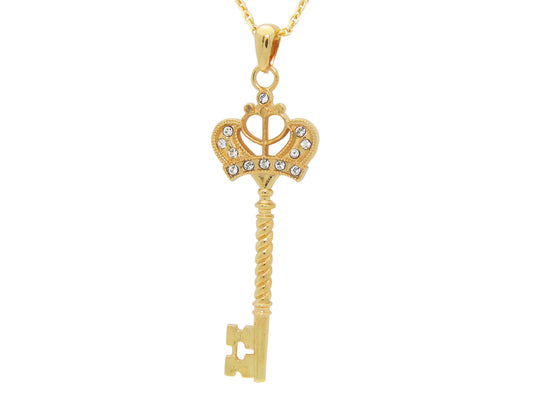 Silver Gold Plated Cubic Zirconia Victorian Key Pendant Necklace 32" Adjustable Necklaces