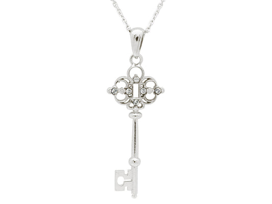 Platinum Plated Sterling Silver Victorian Key Pendant Necklace 17" Adjustable Necklaces