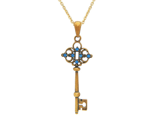 Antique Sterling Silver Gold Plated Zirconia Key Charm Pendant on 18" Mineral Stone Necklace Necklaces