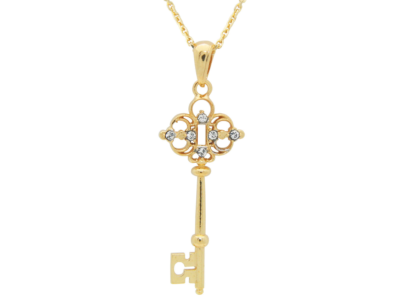 18k Gold Plated Sterling Silver Victorian Key Pendant Necklace 17" Adjustable Necklaces