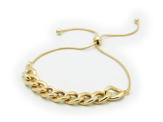 Gold Plated Sterling Silver Rounded Cuban Link Chain Bracelet, Adjustable Bracelets