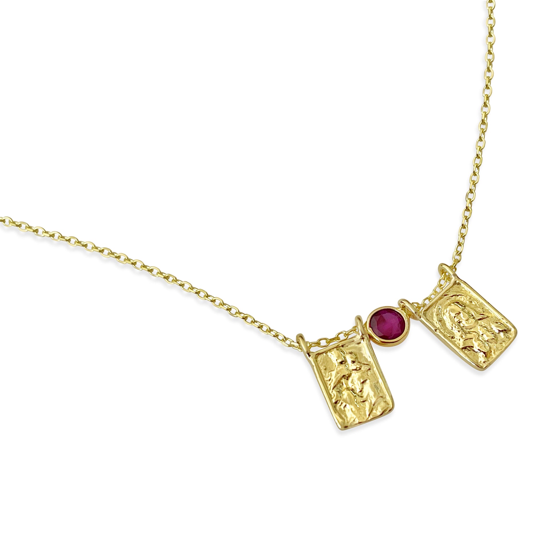 14k Yellow Gold Scapular & Ruby Necklace Necklaces