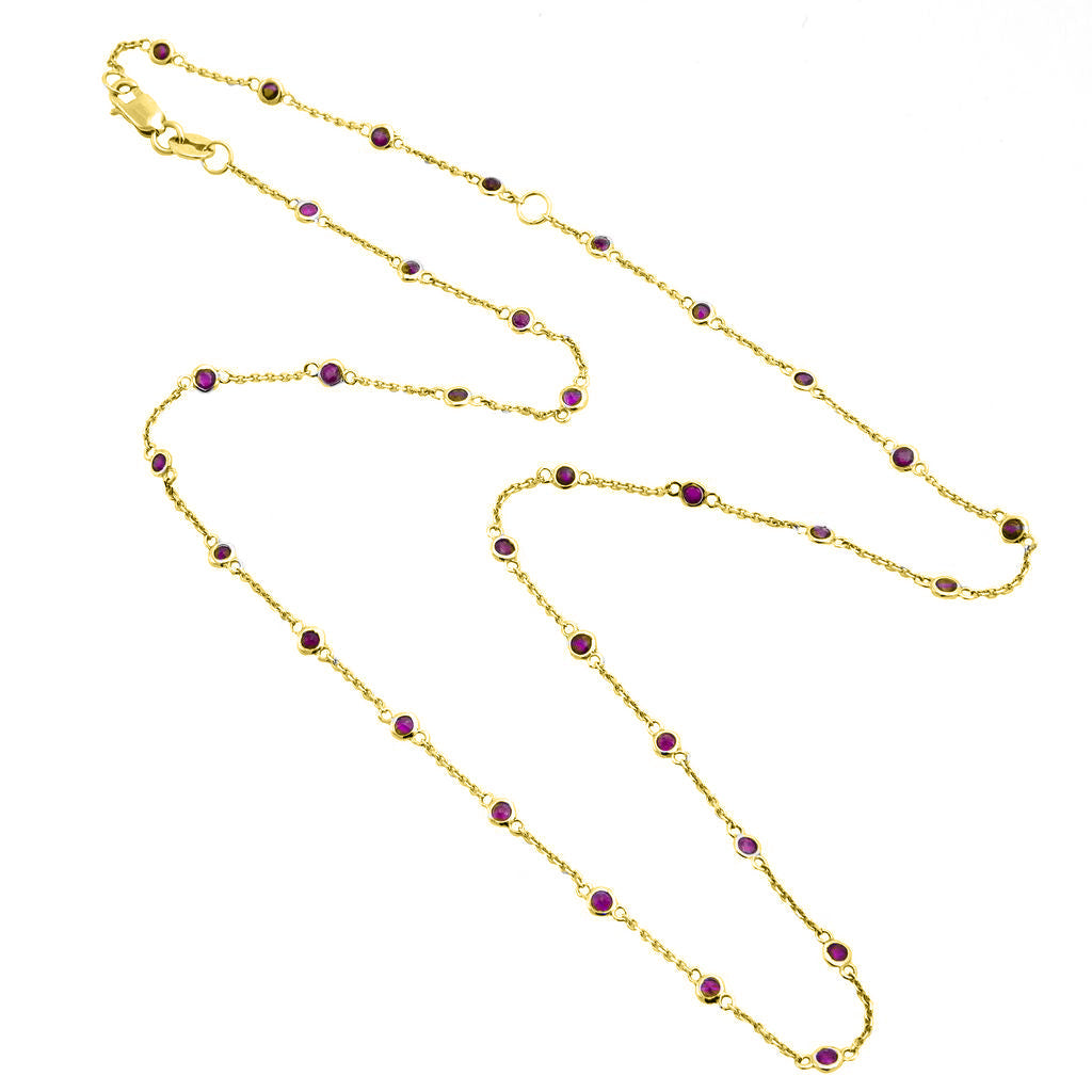 14K Yellow Gold Diamond By The Yard Round Bezel Ruby Necklace, 16" + 2" Ext Necklaces