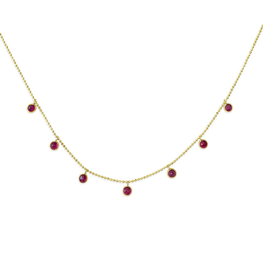 14k Yellow Gold 7 Round Bezel Ruby Necklace, 16" (1.40ct) Necklaces