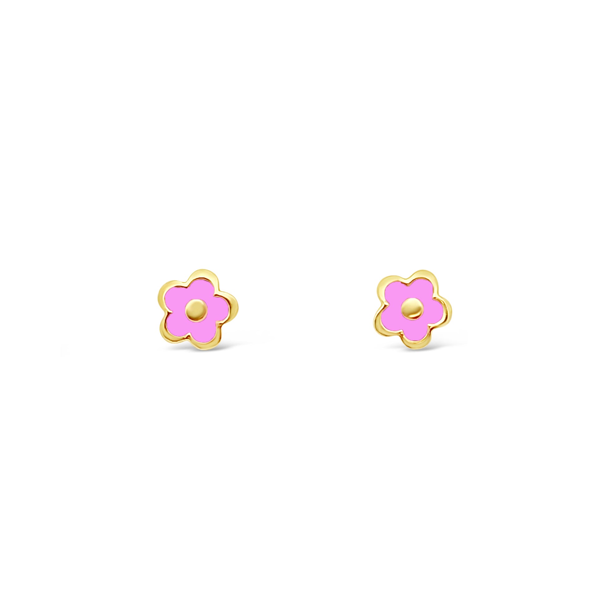 14k Yellow Gold Pink Enamel Flower Screwback Stud Earrings Earrings