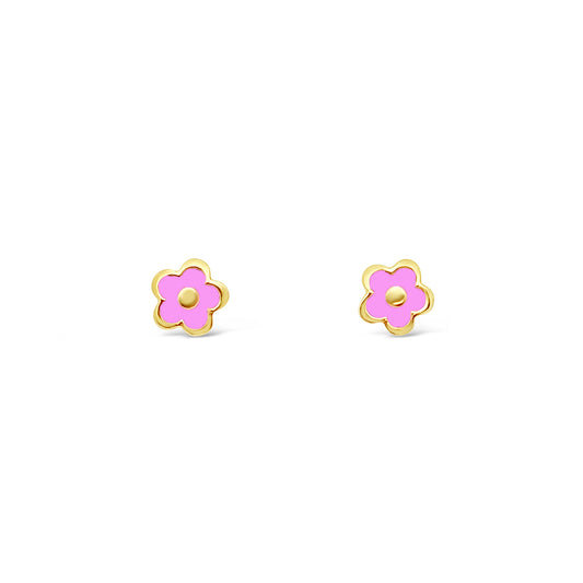 14k Yellow Gold Pink Enamel Flower Screwback Stud Earrings Earrings