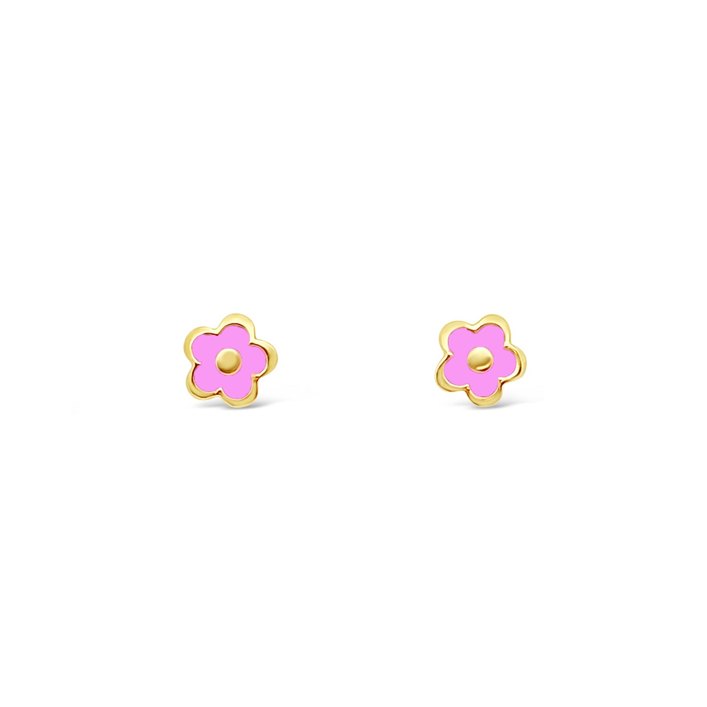 14k Yellow Gold Pink Enamel Flower Screwback Stud Earrings EARRINGS