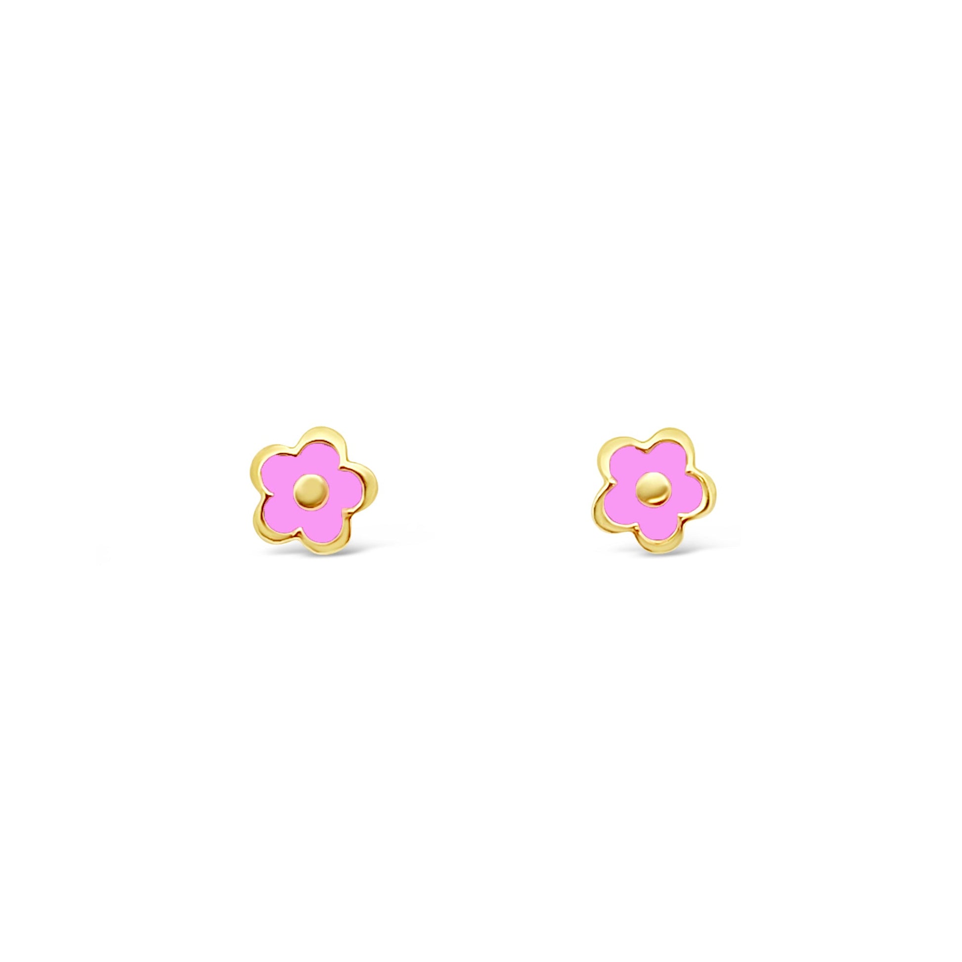 14k Yellow Gold Pink Enamel Flower Screwback Stud Earrings EARRINGS