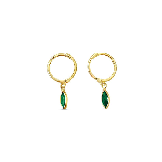 14k Yellow Gold Dangling Marquise Emerald Huggie Earrings Earrings