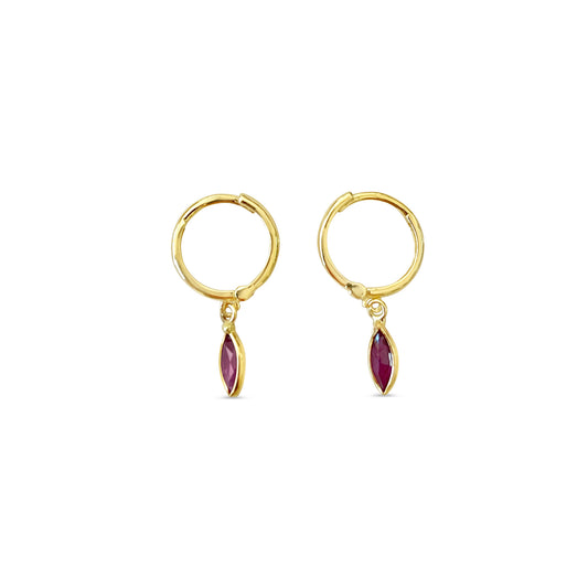 14k Gold Mini Huggie Hoops with Dangling Bezel Ruby EARRINGS