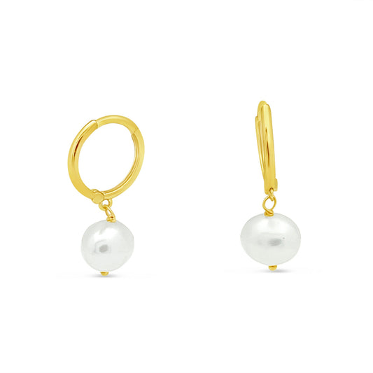 14k Yellow Gold Dangling Pearl (8mm) Huggie Earrings Earrings