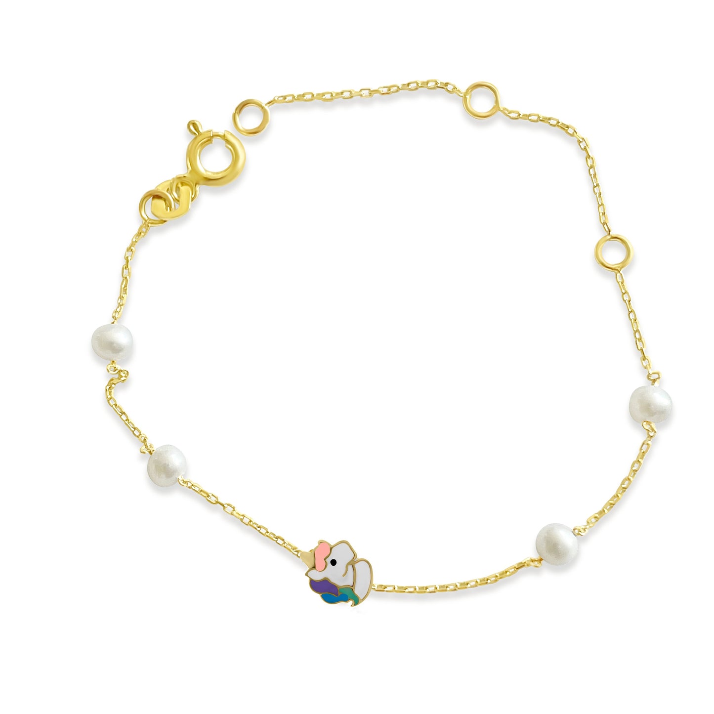 14k Yellow Gold Pearl & Unicorn Bracelet, 5.75" Bracelets