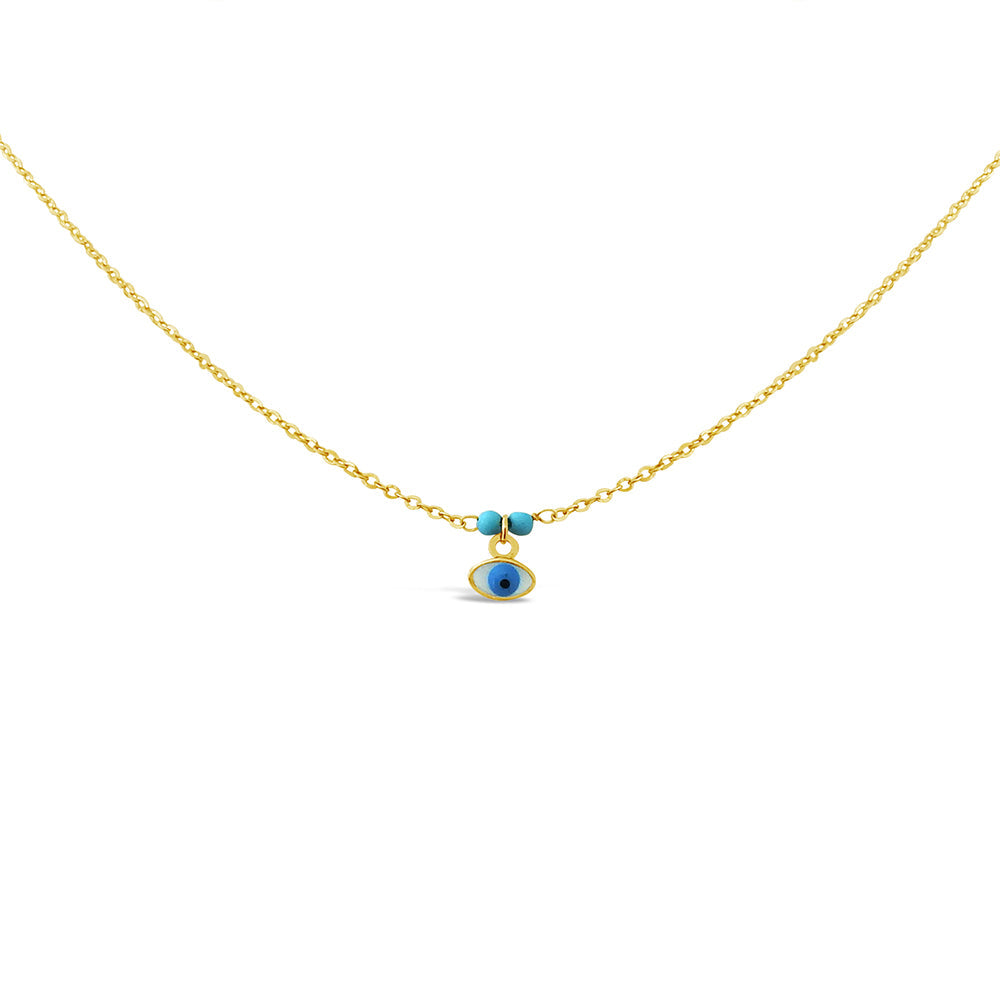 14k Yellow Gold Mini Enamel Evil Eye & Turquoise Beads Necklace Necklaces