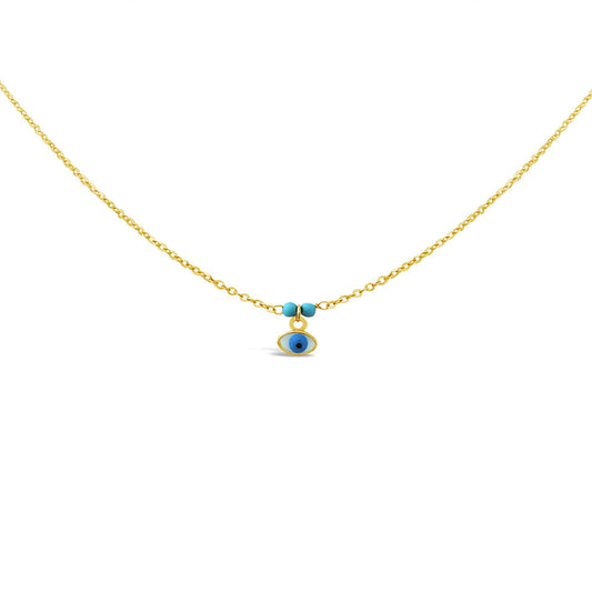 14k Yellow Gold Mini Enamel Evil Eye & Turquoise Beads Necklace Necklaces