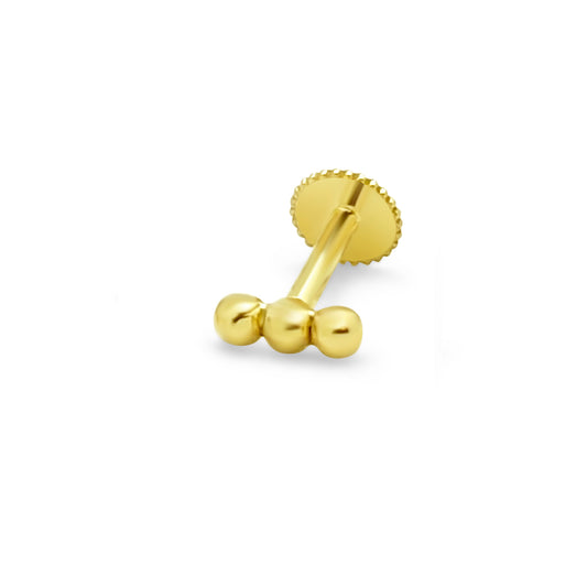 18k Gold Mini Three Ball Line Stud Earring (Single), Flat Screw Back