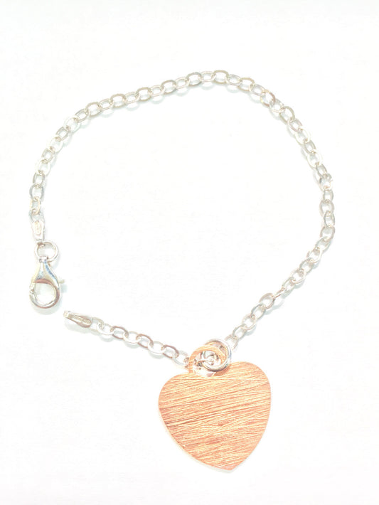 Italian Rose Gold Plated Sterling Silver Scratched Heart Pendant Bracelet 7" Bracelets