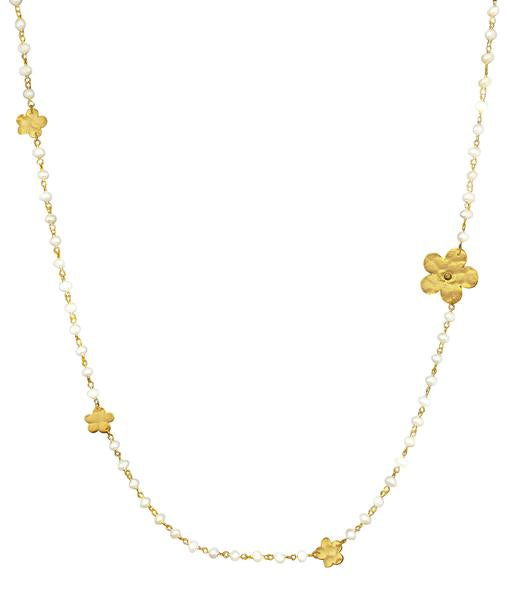 Hammered Golden Flowers & Pearls Necklace, 36" Necklaces