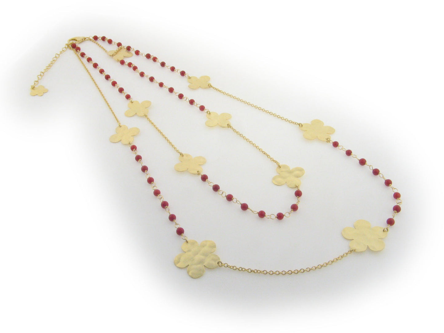 Hammered Golden Flowers Red Coral Layering Necklace Necklaces