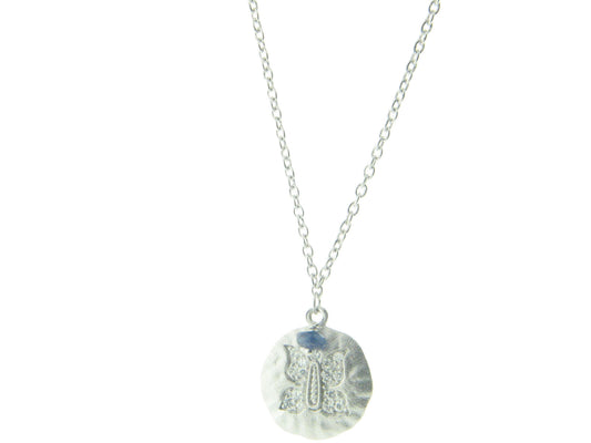 Embossed Cubic Zirconia Butterfly Hammered Disc Pendant Necklace in Sterling Silver, 16" + 2" Necklaces