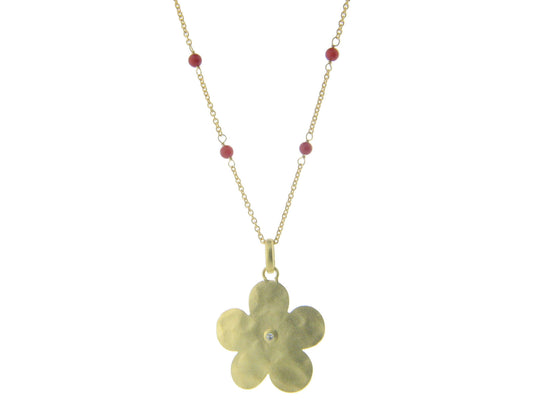 Fronay Co .925 Sterling Silver Hammered Flower and Simulated Coral Necklace dipped in Gold, 6" Necklaces
