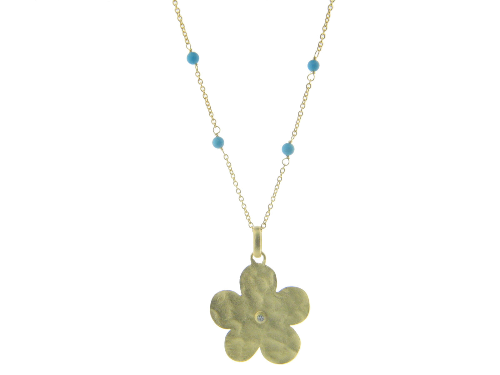 Fronay Co .925 Sterling Silver Hammered Flower and Simulated Turquoise Necklace dipped in Gold, 6" Necklaces