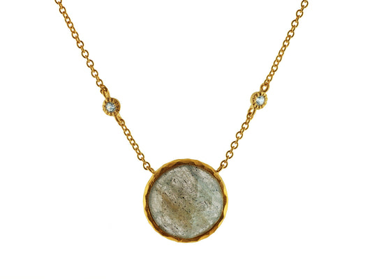 Natural Faceted Labradorite Round Stone & CZ Necklace in Gold Plated Silver, 15.5"+2" Necklaces
