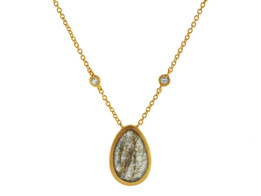 Pear Shaped Labradorite Stone Necklace with Cubic Zirconias in Vermeil, 16" + 2" Necklaces