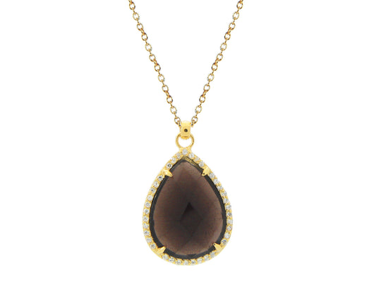 Sterling Silver Faceted Smoky Drop Pendant Cz Around Necklace 15.5"+ 2" Extension Necklaces