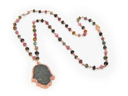 Labradorite Hamsa on Tourmaline Chain Necklaces