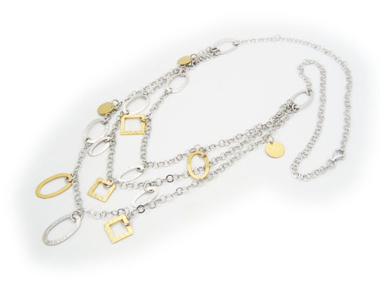 Italian Two Tone Triple Layer Rings & Squares Chain Necklace 26" Necklaces