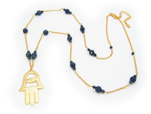 Large Hamsa & Blue Iolite Stones Necklace Necklaces