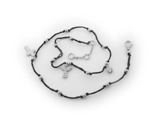 Double Layer Sparkling Angel and Cross Black Cord Bracelet in Sterling Silver Bracelets